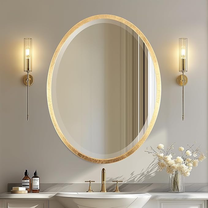 OVALCREST - Oval Wooden Beveled Wall Mirror for Home Decor, Bathroom, Vanity, Bedroom, Living Room, Hallway - London Style (Gold Leaf) 25.1 x 37.1