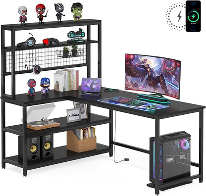 Tribesigns 55" Large Computer Desk with Wireless Charging 5 Storage Shelves, Office Desk Study Table Writing Desk Workstation with Hutch Bookshelf for Home Office (All Black)