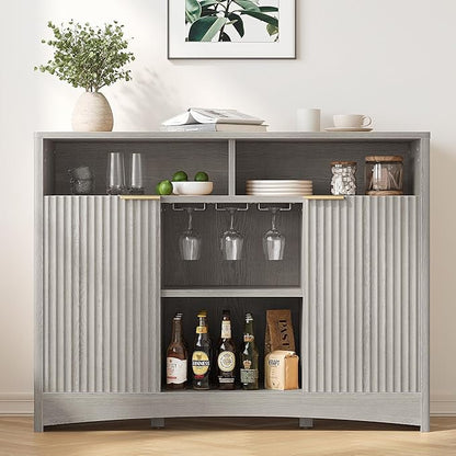 Marsail 47.2" Bar Cabinets with Storage, Modern Buffet Cabinet, Large Sideboard with 2 Fluted Panel Doors, Coffee Bar Cabinet with Adjustable Shelf and Glass Rack for Kitchen, Living Room, Grey