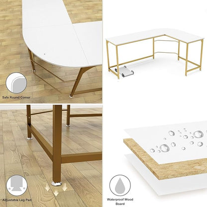 Teraves Reversible L Shaped Desk White - 57.9" Corner Gaming Computer Desk, Office Workstation Modern Home Study Writing Wooden Table