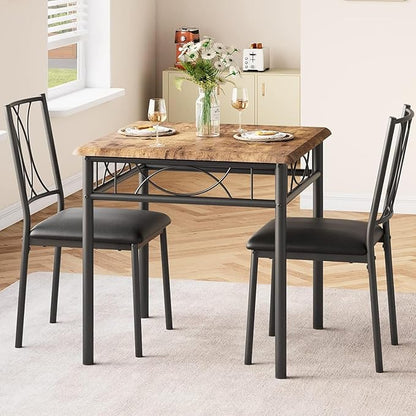 IDEALHOUSE Dining Table Set for 2, Square 3 Piece Kitchen Room Sets with 2 Upholstered Chairs, Compact Dining Room Table Set for Apartment, Small Space, Retro Brown