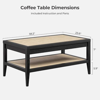 SICOTAS Rectangle Coffee Table for Living Room, Farmhouse Boho Center Table with 2-Tier Rattan Storage Shelves, Sofa Side Accent Table for Small Space, Black Oak