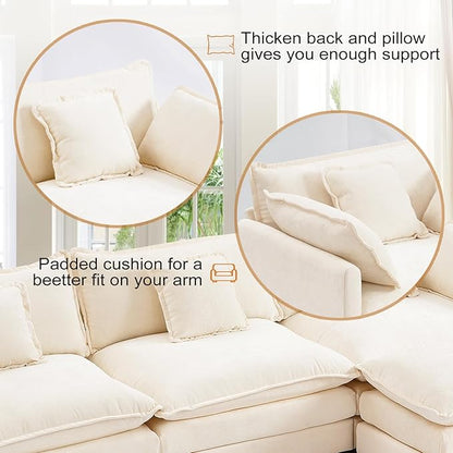 Furniliving 112‘’ L-Shaped Sofa, Luxury Chenille Modular Sectional Couches with Ottoman, Upholstered Deep Seat Sleeper Sofa with Memory Foam and Waist Pillows, Beige