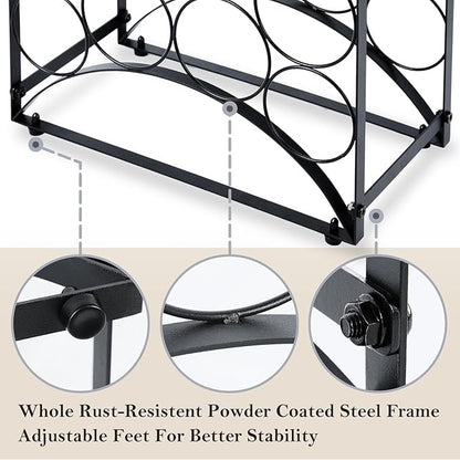 NOBLEMOOD 8 Bottles Countertop Wine Rack, Metal Tabletop Wine Bottles Holder with Top Storage Basket, Small Wine Rack Stand with Tray, Adjustable Feet for Home Kitchen Counter Dining Room