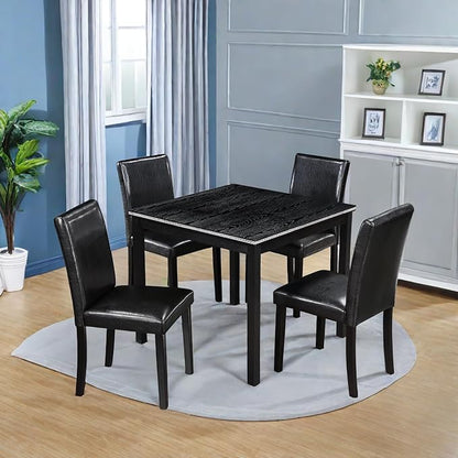 Dining Table Sets, 5-Piece Kitchen Table & Chair Sets with Square Crystal Decoration Table & 4 PU Upholstered Chairs,Wooden Dining Table Set for Dining Room,Black