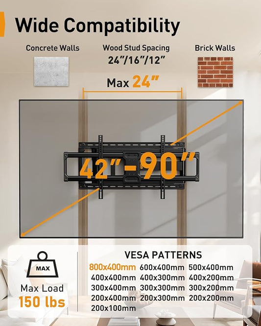 Perlegear Long Arm Full Motion TV Wall Mount for 42–90 Inch TVs up to 150 lbs, 40″ Long Extension, Pre-Assembled Corner TV Mount with Full Swivel, Tilt, Fits 8″/12″/16″/24″ Studs, Max VESA 800x400mm