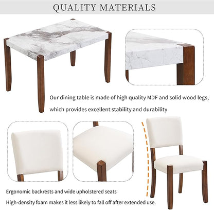 Ball & Cast 4-Piece Dining Furniture Set with 2 Upholstered Chairs & 1 Bench,Dining Table Set for 4 W/ 46" Faux Marble Style Table,for Restaurant,Home Bistro,Off White