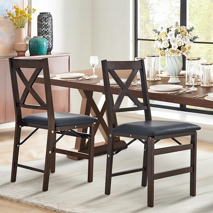 COLAMY Folding Dining Chairs Set of 2, Foldable Chairs with Padded Seats, Wood Folding Dining Room Chairs for Kitchen, Party, Camping, Dark Brown