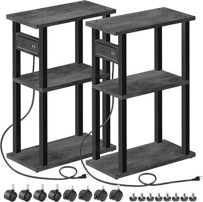 TUTOTAK Small Narrow Side Table with Charging Station, Set of 2, Skinny End Table for Small Spaces, Slim Nightstand with USB Ports and Outlet,Sofa Beside Table with Wheels, Charcoal Grey TB01BY047
