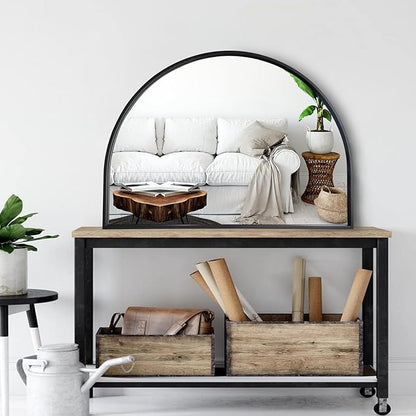 WAMIRRO Minimalist Black Arched Mirror,Large Farmhouse Bathroom Fireplace Mantel Horizontal Wide Arch Mirrors for Entryway/Living Room 26"X36"