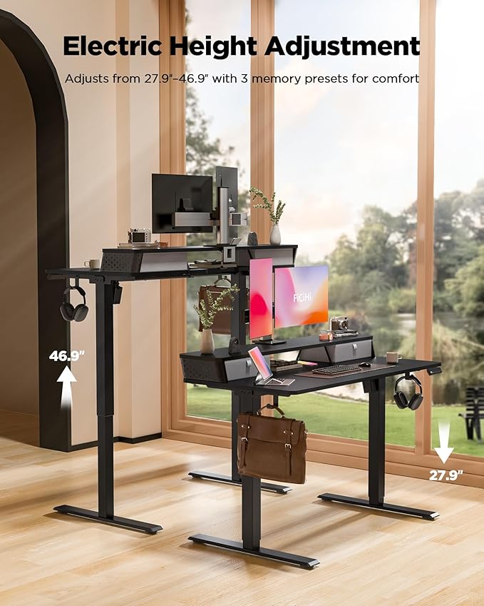 40x24 Inch Standing Desk with Double Drawers, C-Clamp Mount Compatible, Electric Adjustable Height Computer Stand Up Desks, Home Office Sit Stand Table with 3 Preset Heights & 2 Hooks, Black
