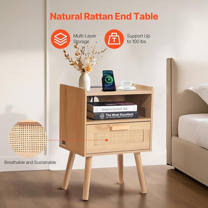 VEVOR Rattan Nightstand, Boho Bedside Table with Drawer Open Shelf, End Table Wooden Nightstand with Solid Wood Legs, Rattan Side Table with Charging Station, for Bedroom