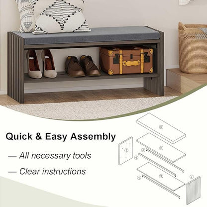 BON AUGURE Shoe Storage Bench, Entryway Bench with Cushion, Ottoman Benches for Bedroom, Living Room, Shoe Rack Seat for Hallway Entry (Greige Oak, 40 Inch Wide)