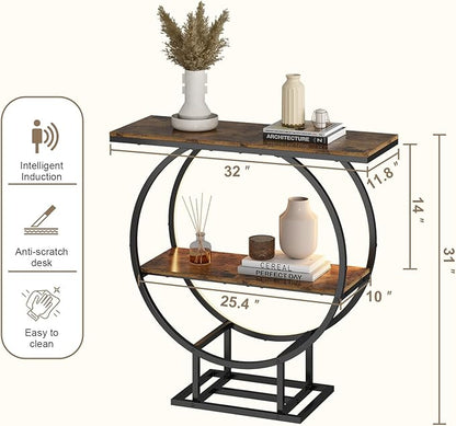 Console Tables, Entryway Table with Motion Sensor Light, 30" Height Behind Couch Sofa Table, Industrial Furniture, Hallway Table for Living Room, Entrance, O-Shaped Metal Frame, Rustic Brown