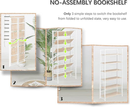 4NM No Assembly Folding Bookshelf, 6-Shelf 74" H Collapsible Foldable Bookcase Storage for Small Spaces, Natural White