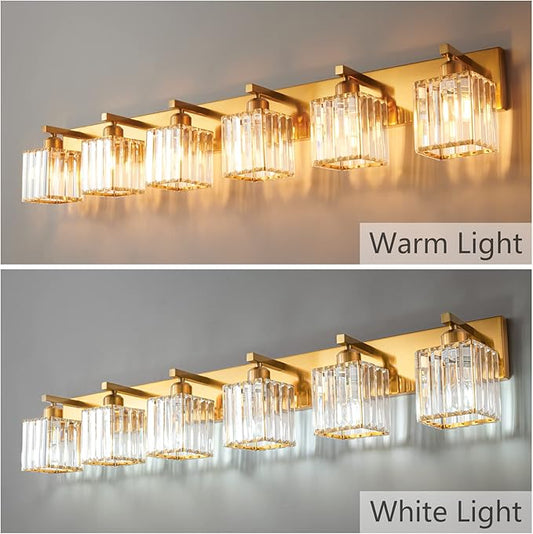 Modern 6-Light Gold Brushed Brass Finish Crystal Wall Light for Bathroom Vanity