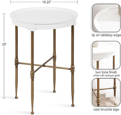 Kate and Laurel Valdi Modern Round Side Table; 19 x 26; White and Antique Gold; Glam Circle End Table with Geometric Metal Base and Raised Edge Tabletop