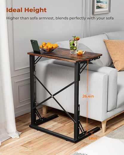 21''Wx28''H Folding TV Tray for Eating, Small Foldable C-Shaped Tray Table with Tablet and Phone Slots, Slide Under Couch Side Table for Recliner, Living Room, Bedroom, Rustic Brown