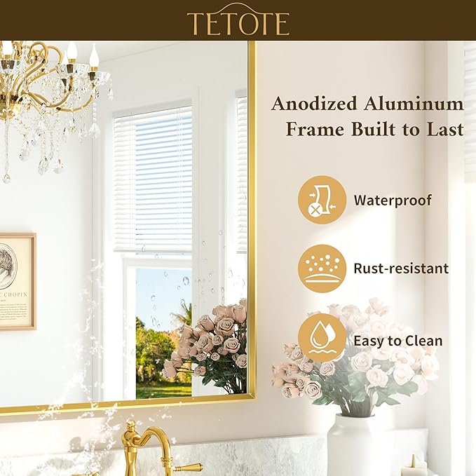 TETOTE Brushed Gold Mirror Beveled Frame 72" x 36" Large Brass Gold Rectangle Bathroom Vanity Wall Mirror for Over Sink, Modern Farmhouse, Tempered Glass, Shatterproof, Stronger Frame