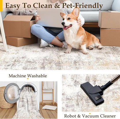 3x4 Washable Area Rug Beige Grey Neutral Abstract Entryway Kitchen Non Slip Low Pile Throw Rug Living Room Bedroom Indoor Doormat Small Soft Carpet for Entrance Bathroom