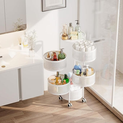 JAQ Rotating Fruit Basket, 5-Tier Metal Sturdy Kitchen Storage Rack Carts No Assembly on Rolling Wheels for Fruit Vegetable Grocery Corns Potato Onion in Bathroom(White, 5-Tier)