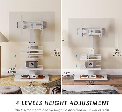 FITUEYES Iron Base Universal Floor TV Stand with Swivel Tilt, TV Mount Stand for 32-75 Inch Screens, Corner TV Stand with Height Adjustable Entertainment Shelves (White)