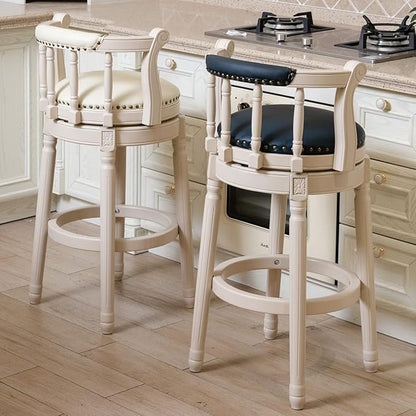 Cow top Leather Wooden Bar Stools, 360 Degree Swivel Bar Height Chair with Backs for Home Kitchen Counter, Morden Chair Barstools (Ivory Wood 2pcs-Blue Seat, Bar Height-Seat Height 29.5”)