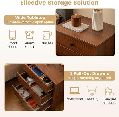 KOMFOTT 3 Drawers Nightstand, Wooden Bedside Table, Modern Sofa Side End Table, Space-Saving Telephone Table, Chest of Drawers for Living Room, Bedroom & Office (1, Walnut)