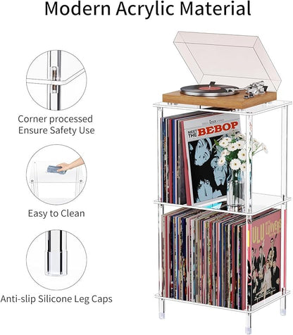 Acrylic Record Player Stand Set of 2, 3-Tier Clear Turntable Table with Vinyl Record Storage, 15.75" L x 11.81" W x 30.7" H, Tall Modern Side Table/End Table for Living Room, Bedroom