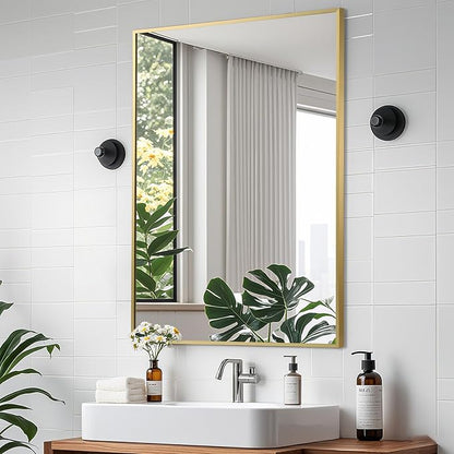 Brushed Gold Mirror, 30x36 Inch Aluminum Framed Rectangle Mirror, Anti-Rust, Tempered Glass, Square Corner Wall Mirror for Over Sink, Vanity, Bedroom, Entryway, Horizontal/Vertical