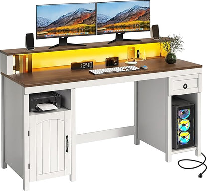DWVO Farmhouse Office Desk with Drawer & Power Outlets, Wood Computer Desk w/LED Strip & Monitor Stand for Bedchamber Study, Home Office Table with Storage Cabinet for Working Writing Gaming (White)