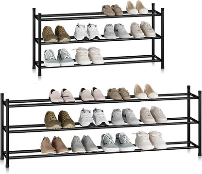 STORAGE MANIAC Long Expandable Shoe Rack, 18 Pairs Metal Wide Stackable Shoe Rack, Adjustable Shoes Shelf, Freestanding Shoes Organizer for Closet, Entryway, Hallway, Garage, Front Door, 3 Tiers