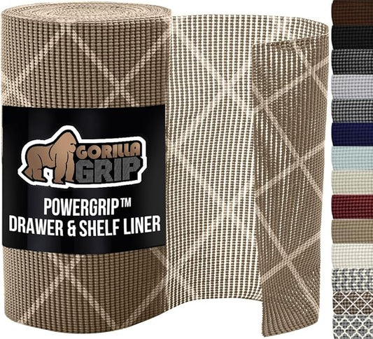GORILLA GRIP powerGRIP Drawer Shelf and Cabinet Liner, Thick Strong Hold, Non-Adhesive Liners Protect Kitchen Cabinets and Cupboard, Bathroom Drawers, Easy Install, Breathable Mat, 20" x10', Beige