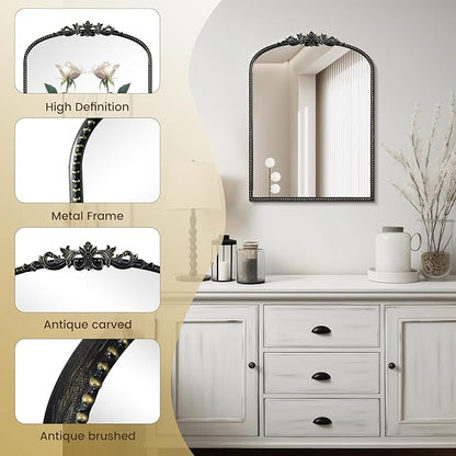 WallBeyond Gold Vintage Mirror for Vanity 22x30 Inch, Black Antique Mirror with Ornate Frame, Arched Vintage Wall Mirror for Bathroom, Living Room, Fireplace, Entryway