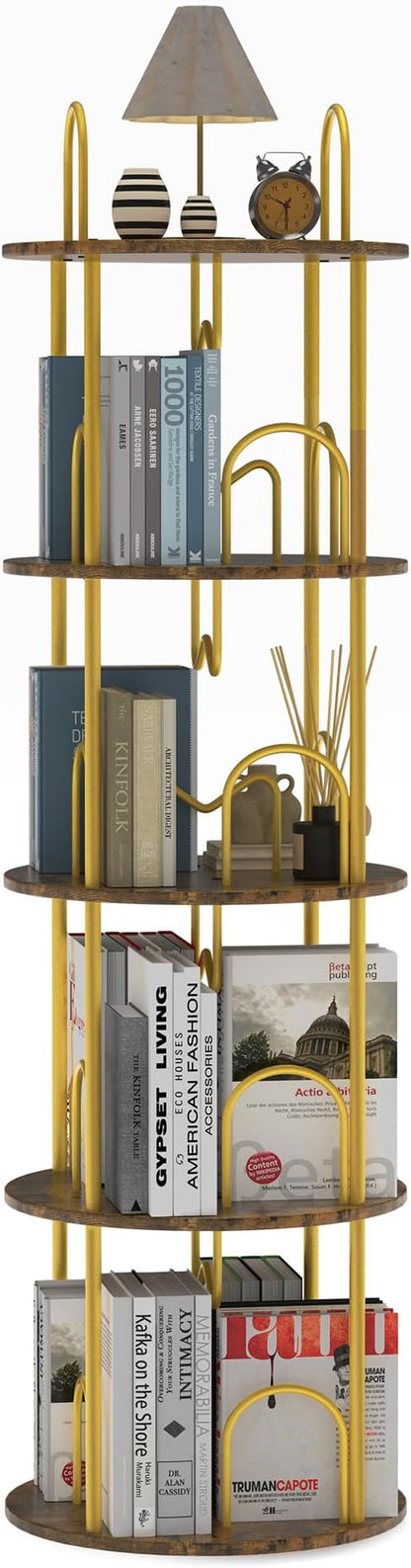 4 Tier Rotating Bookshelf, 360° Spinning Bookshelf Tower, Round Narrow Space Saving for Books and Display, Revolving Bookcase Corner Tall Book Shelf for Small Spaces, Bedroom, Living Room, Gold