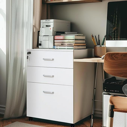 QDSSDECO 3 Drawer Mobile File Cabinet, Rolling Vertical Filing Cabinet fits A4, Legal Paper and Letter Paper for Home Office, White with Lock