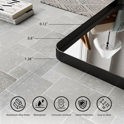 Koonmi Black Bathroom Mirror for Wall, 30x40 Inch Matte Metal Deep Framed Rounded Corner Wall Mirror, Shatterproof Tempered Glass for Farmhouse Bedroom Entryway, Vertically or Horizontally