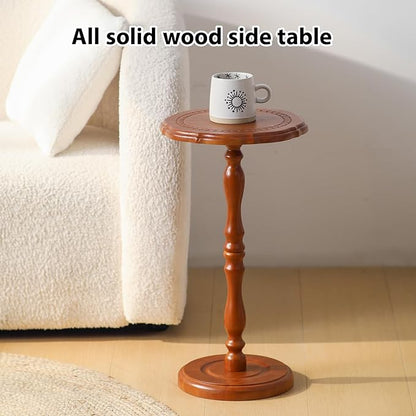 Solid Wood Side Table, Small Drink Table for Small Spaces, Round Vintage Pedestal End Tables for Living Room, Bedroom, Plant, Accent for Corners
