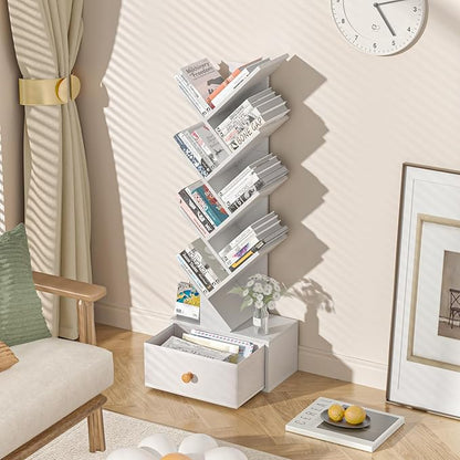 8 Tier Tree Bookshelf with Drawer, Free Standing Wood Bookcase for Living Room, Bedroom, Home Office, Space Saving Storage Organizer Bookshelves for Books, CDs, Vinyl Records- White