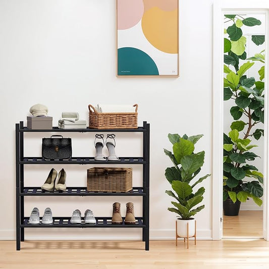 Haddockway 4 Tier Bamboo Shoe Rack Storage Organizer, Multifunctional Free Standing Stackable Shoe Shelf with Grid Panel for Closet,Hallway,Entryway,Small Space 27"x11"x26" (Black, 4 Tier)