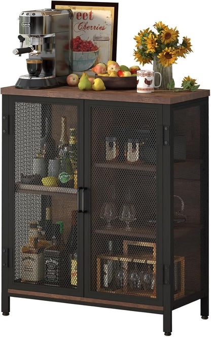 BON AUGURE Coffee Bar Cabinet for Liquor, Small Storage Cabinet for Home Kitchen, Farmhouse Sideboard Buffet Cabinets, Industrial Alcohol Cabinets for Dining Entryway Living Room (Rustic Oak)