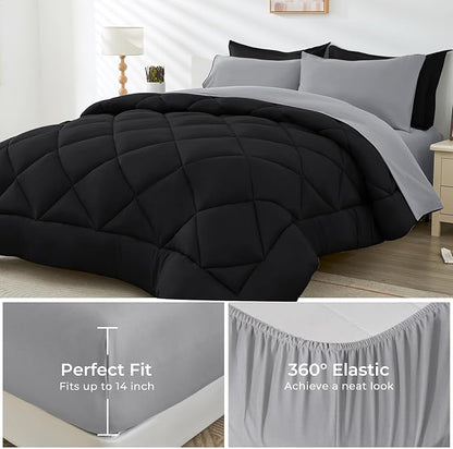 HEVUMYI Full Comforter Set - 7-Piece All Season Bed in a Bag Full, Ultra Soft Bedding Set with Comforter, Flat Sheet, Fitted Sheet, Pillowcases, Pillow Shams, Black & Light Grey