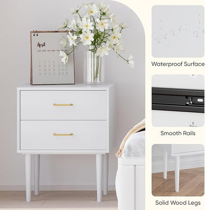 26 H White Nightstand with 2 Drawers, Small Night Stand with Gold Handles, Bedside Table with Solid Wood Legs, Tall Nightstands for Bedroom