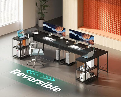 AODK 61 Inch L Shaped Computer Desk with Drawers, Corner Desk with Power Outlets & Reversible Storage Shelves, Movable CPU Stand for Home Office Gaming, Black
