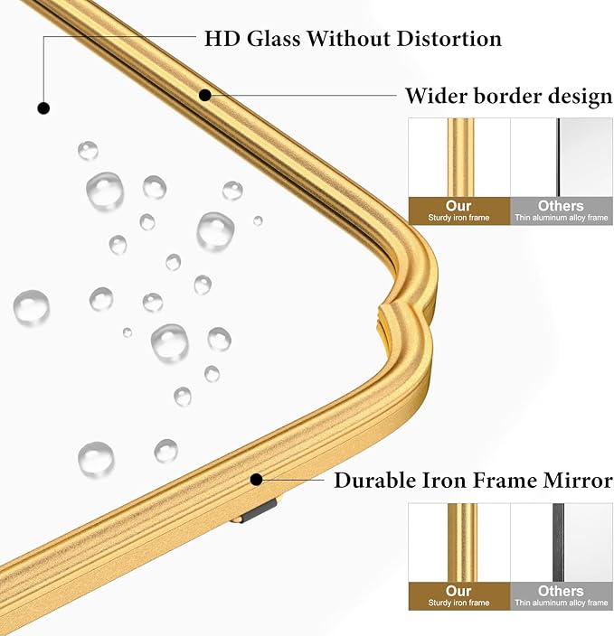 Gold Wall Mirror 48 x 24 Inch Bathroom Vanity Mirror for Over Sink Modern Rounded Corner Rectangle Wall Mirror Decorative with Non-Rusting Iron Metal Framed (Horizontal/Vertical)