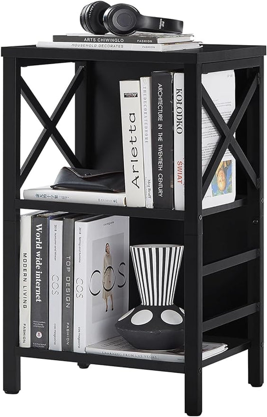Small Bookshelf,3 Tier Industrial Bookcase with Metal Frame and Backboard,Low Black Book Shelf,Book case for Small Spaces,Living Room,Bedroom and Home Office