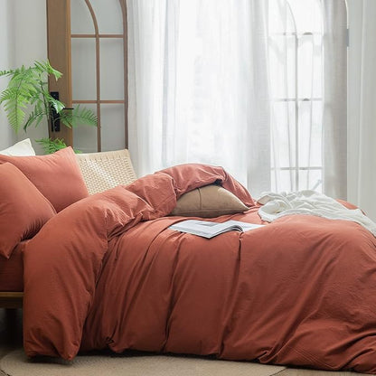 BESTOUCH Duvet Cover Set 100% Washed Cotton Linen Feel Super Soft Comfortable Chic Lightweight 3 PCs Home Bedding Set Crimson Red Queen