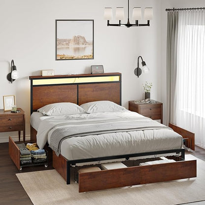 Queen Bed Frame with Storage Headboard and 4 Drawers Bed Frame Queen Size with Charging Station LED Lights Metal Platform Non-Slip Without Noise No Box Spring Needed