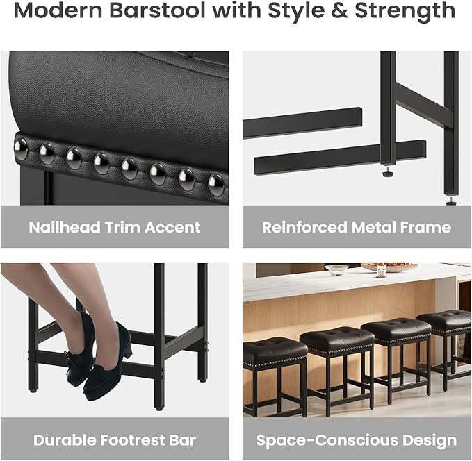 MALOL Set of 4 Saddle Bar Stools Counter Height 24.4”, Backless Barstools for Kitchen Island, Modern PU Leather Cushioned Seat, Bar Chairs for Kitchen Counter, Breakfast Bar Stools for Home,Black