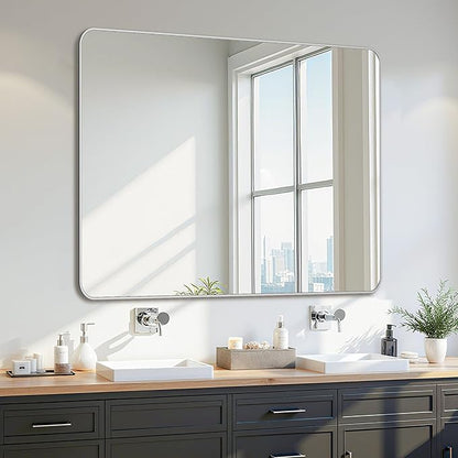 Bathroom Mirror 48" x 36", Large Rectangle Wall Mirror, Silver Metal Frame Wall Mounted Mirrors for Bathroom, Vanity, Bedroom, Entryway Decor(Horizontal/Vertical)